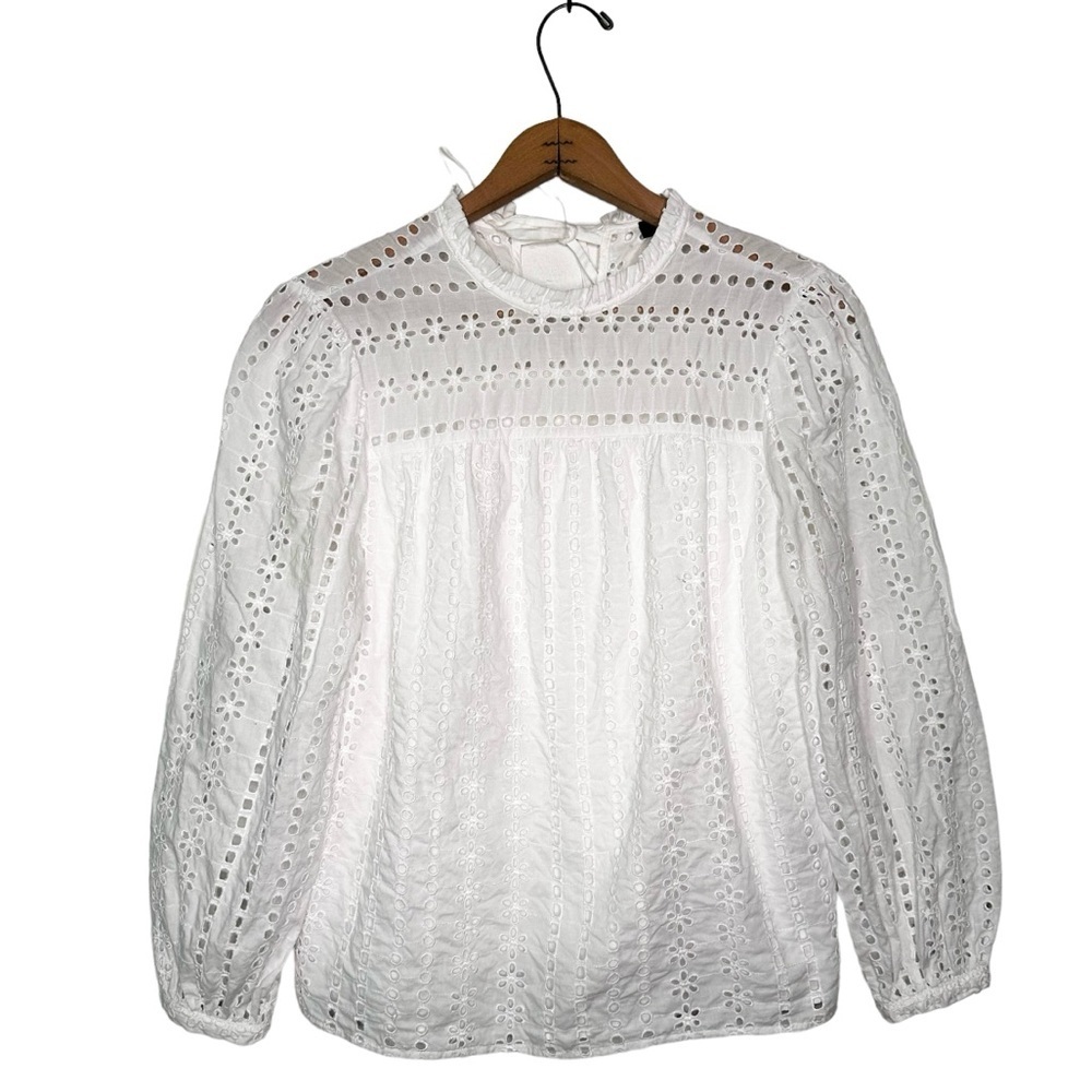 J Crew | White Tie Back Ditsy Eyelet Long Sleeve Blouse Size XS